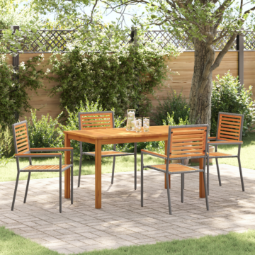 Vidaxl 5 Piece Garden Dining Set Grey Poly Rattan Acacia, Vidaxl Stacking Garden Chairs With Cushions 2 Pcs Grey Poly Rattan