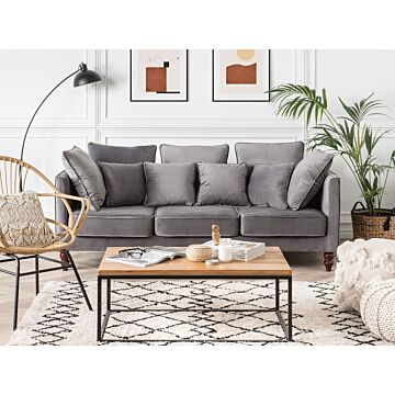 Sofa Grey Velvet Upholstered 3 Seater Cushioned Seat And Back With Wooden Legs Beliani