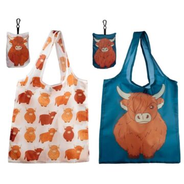 Handy Fold Up Highland Coo Cow Shopping Bag With Holder