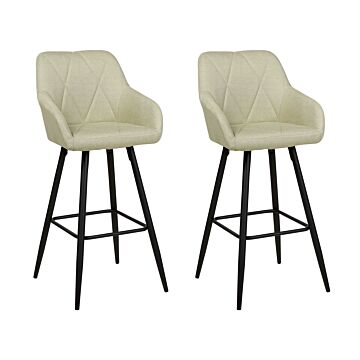 Set Of 2 Bar Stool Light Green Fabric Upholstered With Arms Quilted Backrest Black Metal Legs Beliani
