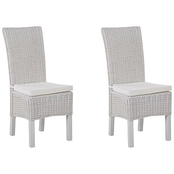 Set Of 2 Dining Chairs White Rattan Wicker Mango Wood Legs Boho Indoor Modern Design Beliani