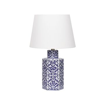 Bedside Table Lamp White And Blue Porcelain Base With Fabric Linen Shade Drum Shape 53 Cm Modern Style Living Room Bedroom Beliani