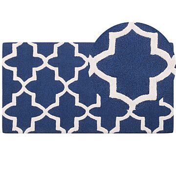 Area Rug Blue Wool 80 X 150 Cm Trellis Quatrefoil Pattern Hand Tufted Oriental Moroccan Clover Beliani