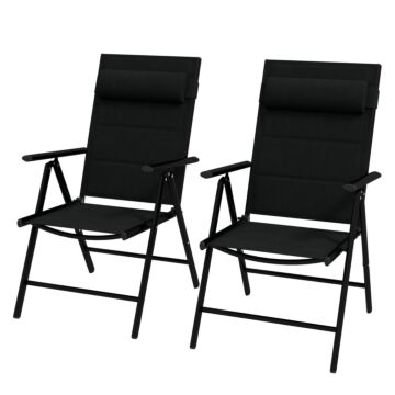 Outsunny Set Of 2 Patio Folding Chairs W/ Adjustable Back, Garden Dining Chairs W/ Breathable Mesh Fabric Padded Seat, Backrest, Headrest, Black