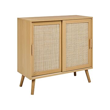 Sideboard Light Wood Rattan 2 Door Particle Board Wooden Legs With Shelves Modern Bedroom Storage Solution Beliani