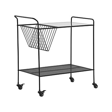 Kitchen Trolley Black Metal 70 Cm Tempered Glass Top With Shelf And Castors Industrial Modern Beliani