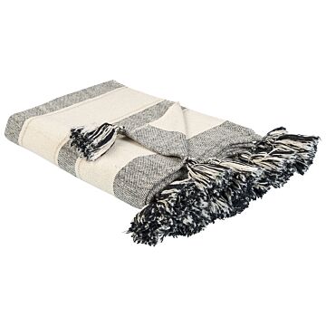 Throw Blanket Beige And Grey Cotton 130 X 170 Cm Striped Pattern Accessory With Decorative Tassels Handmade Beliani