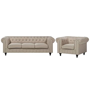 Chesterfield Living Room Set Beige Fabric Dark Wood Legs 3 Seater Sofa + Armchair Contemporary Beliani