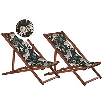 Set Of 2 Garden Deck Chairs Dark Acacia Wood Frame Animal Pattern Replacement Fabric Hammock Seat Reclining Folding Sun Lounger Beliani