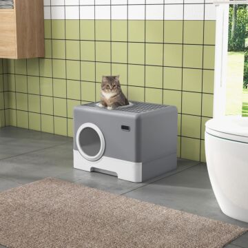 Pawhut Cat Litter Box Enclosed With Lid Front Entry Top Exit, Drawer Tray, Scoop, 52l X 41w X 38.5hcm - Grey