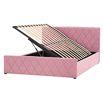 Storage Bed Pink Velvet Upholstery Eu Double Size 4ft6 With Slatted Base Diamond-tufted Headboard Beliani