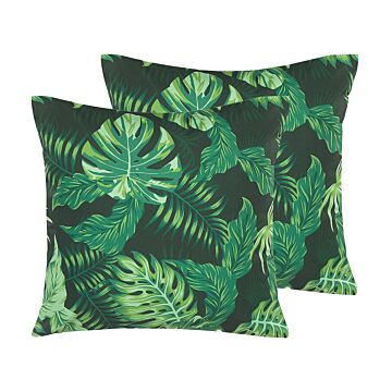Set Of 2 Garden Cushions Green Polyester Square 45 X 45 Cm Palm Leaf Pattern Modern Design Throw Cushion Beliani