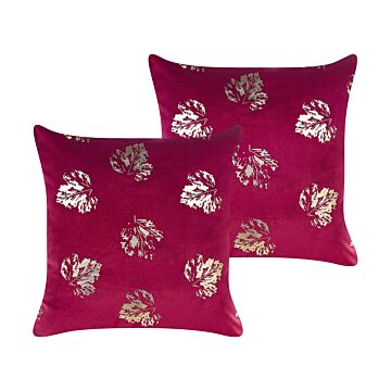 Set Of 2 Decorative Cushions Burgundy Velvet Leaf Pattern 45 X 45 Cm Gold Foil Print Decor Accessories Beliani