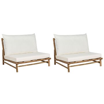 Set Of 2 Chairs Light Bamboo Wood Off-white Backrest Seat Cushions Slipper Design Indoor And Outdoor Modern Rustic Design Beliani