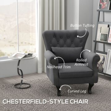 Homcom Chesterfield-style Accent Chair, Tufted Wingback Armchair With Pillow, Naihead Trim For Living Room, Dark Grey
