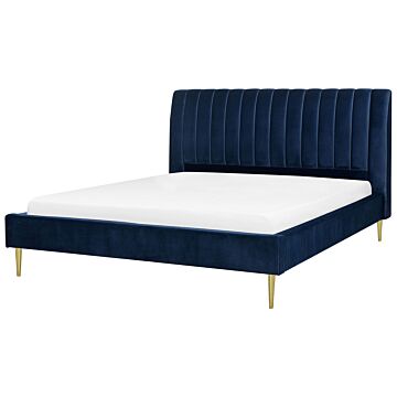 Eu King Size Panel Bed Blue Velvet 6ft Slatted Base High Headrest Vintage Beliani