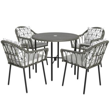 Outsunny 5 Piece Patio Rattan Dining Set, Wicker Garden Table And Chairs W/ Removable Seat & Back Cushions, Round Tempered Glass Tabletop, Parasol Hole, Outdoor Furniture Conservatory Set, Grey