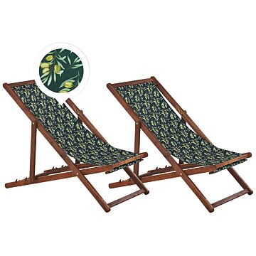 Set Of 2 Garden Deck Chairs Dark Acacia Wood Frame Olives Pattern Replacement Fabric Hammock Seat Reclining Folding Sun Lounger Beliani