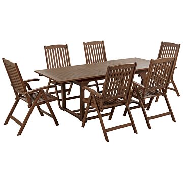 Garden Dining Set Dark Solid Acacia Wood Extending Table 6 Chairs Adjustable Backrest Folding Rustic Style Beliani