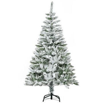 Homcom 5 Foot Snow Flocked Artificial Christmas Tree Xmas Pine Tree With 358 Realistic Branches, Auto Open And Steel Base, Green