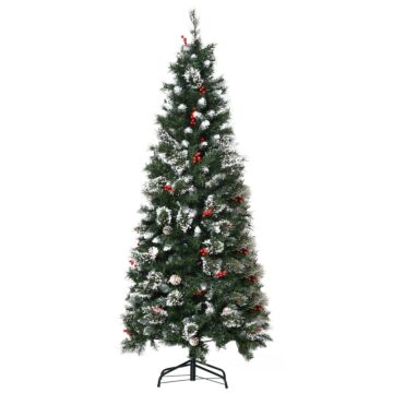 Homcom 6 Ft Snow Dipped Artificial Christmas Tree Slim Pencil Xmas Tree Wit Realistic Branches, Pine Cones, Red Berries, Auto Open, Green