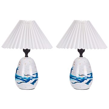 Set Of 2 Table Lamps White And Blue Natural Ceramic Synthetic Cone Shaped Shades Minimalistic Modern Design Beliani