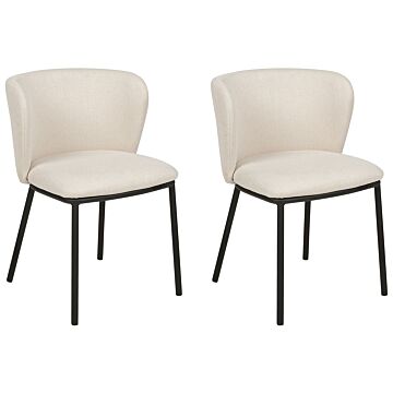 Set Of 2 Dining Chairs Cream Polyester Upholstery Black Metal Legs Armless Curved Backrest