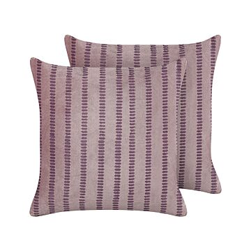 Set Of 2 Decorative Cushions Pink Velvet And Cotton 45 X 45 Cm Striped Block Printed Boho Decor Accessories Beliani