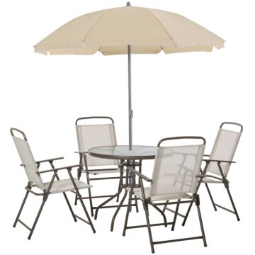 Outsunny Garden Patio Texteline Folding Chairs Plus Table And Parasol Furniture Bistro Set - Beige (6-piece)