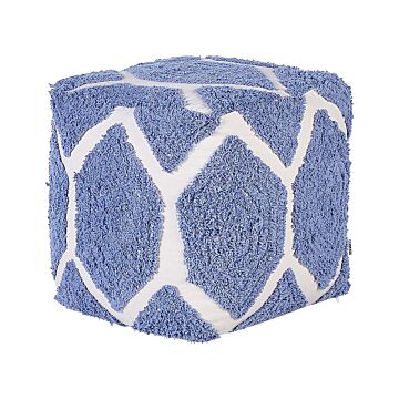 Pouffe Beige Blue Cotton Geometric Knitted Pattern Decorative Seat Boho Style Living Room Bedroom Beliani