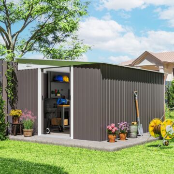 Outsunny 11 X 9 Ft Metal Garden Storage Shed Sloped Roof Tool House With Double Sliding Doors And 2 Air Vents, Grey