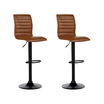 Set Of 2 Bar Chairs Golden Brown Faux Leather Seat Black Frame Counter Height Swivel Adjustable Height Beliani