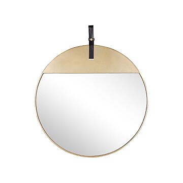 Wall Mirror Gold Metal Faux Leather Strap Round 60 Cm Decorative Hanging Accent Piece Modern Glamour Beliani