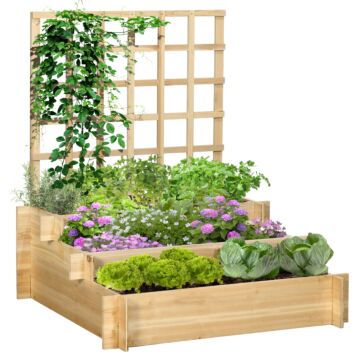 Outsunny 3 Tier Garden Planters With Trellis For Vine Climbing, Wooden Raised Beds, 95x95x110cm, Natural Tone