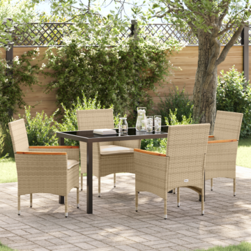 Vidaxl 5 Piece Garden Dining Set With Cushions Beige Poly Rattan, Vidaxl Garden Table Black 140x80x73 Cm Tempered Glass