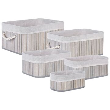 Set Of 5 Baskets Grey Natural Bamboo Wood Polyester With Handles Various Sizes Boho Modern Storage Accessory Beliani