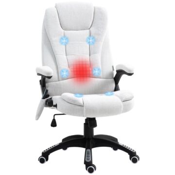 Vinsetto Massage Recliner Chair Heated Office Chair With Six Massage Points Linen-feel Fabric 360° Swivel Wheels Cream White
