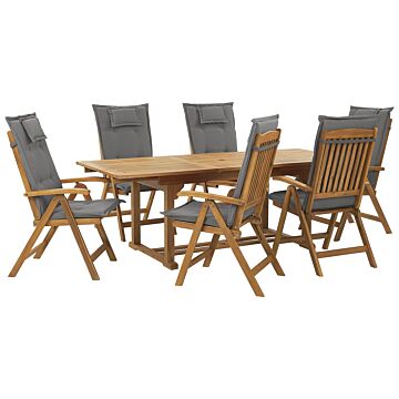 Garden Dining Set Acacia Wood With Graphite Grey Cushions 6 Seater Adjustable Foldable Chairs Outdoor Country Style Beliani