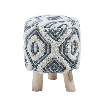 Footstool White With Blue Wool And Cotton With Wooden Legs Oriental Pattern Rustic Beliani