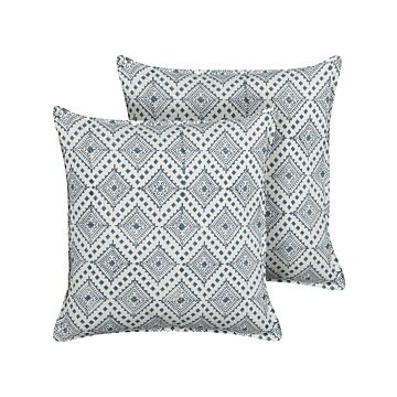 Cotton Cushions Blue And White 45 X 45 Cm Hand Block Print Removable Covers Zipper Oriental Pattern Beliani