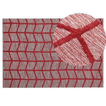 Area Rug Red Cotton 140 X 200 Cm Rectangular Hand Tufted Geometric Pattern Boho Beliani