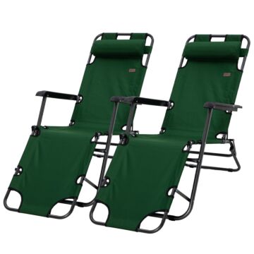 Outsunny 2 Pack 2 In 1 Sun Lounger Folding Reclining Chairs Garden Outdoor Camping Adjustable Back With Pillow, Green