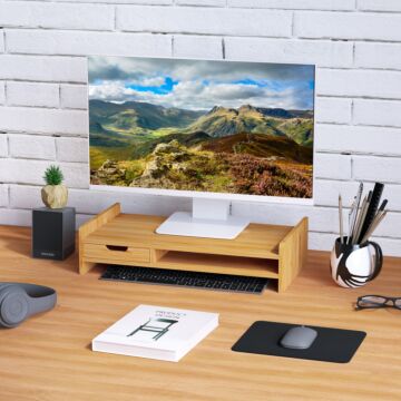 Homcom Monitor Riser Laptop Pc Plinth Stand Tv Computer Desktop Organiser W/drawer Bamboo