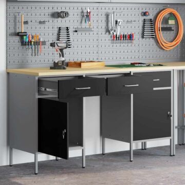 Vidaxl 3-piece Work Cabinet And Table Set - Black Engineered Wood And Steel