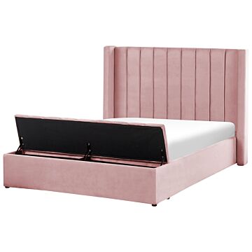 Eu Double Size Panel Bed Pink Velvet 4ft6 Slatted Base High Headrest With Storage Bench Beliani