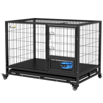 Pawhut 43" Heavy Duty Dog Crate On Wheels W/ Bowl Holder, Removable Tray, Detachable Top, Double Doors For L, Xl Dogs