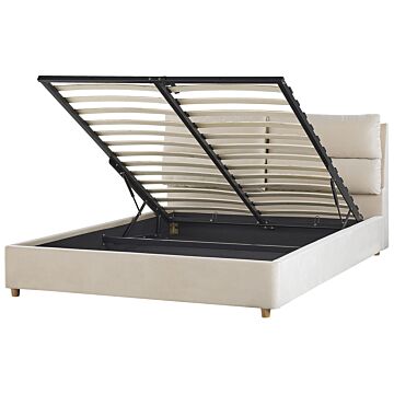 Bed Frame Light Beige Velvet Upholstery With Storage Eu King Size Bedroom Furniture Beliani