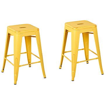 Set Of 2 Bar Stools Yellow With Gold Steel 60 Cm Stackable Counter Height Industrial Beliani