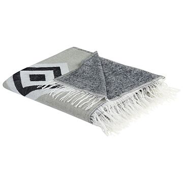 Blanket Grey Acrylic And Polyester 130 X 170 Cm Bed Throw Geometric Pattern Fringes Bedroom Living Room Beliani
