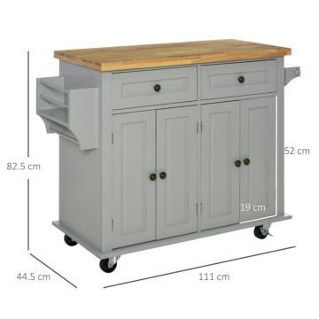 Homcom Rolling Kitchen Island Storage Trolley With Rubber Wood Top & Drawers, Grey